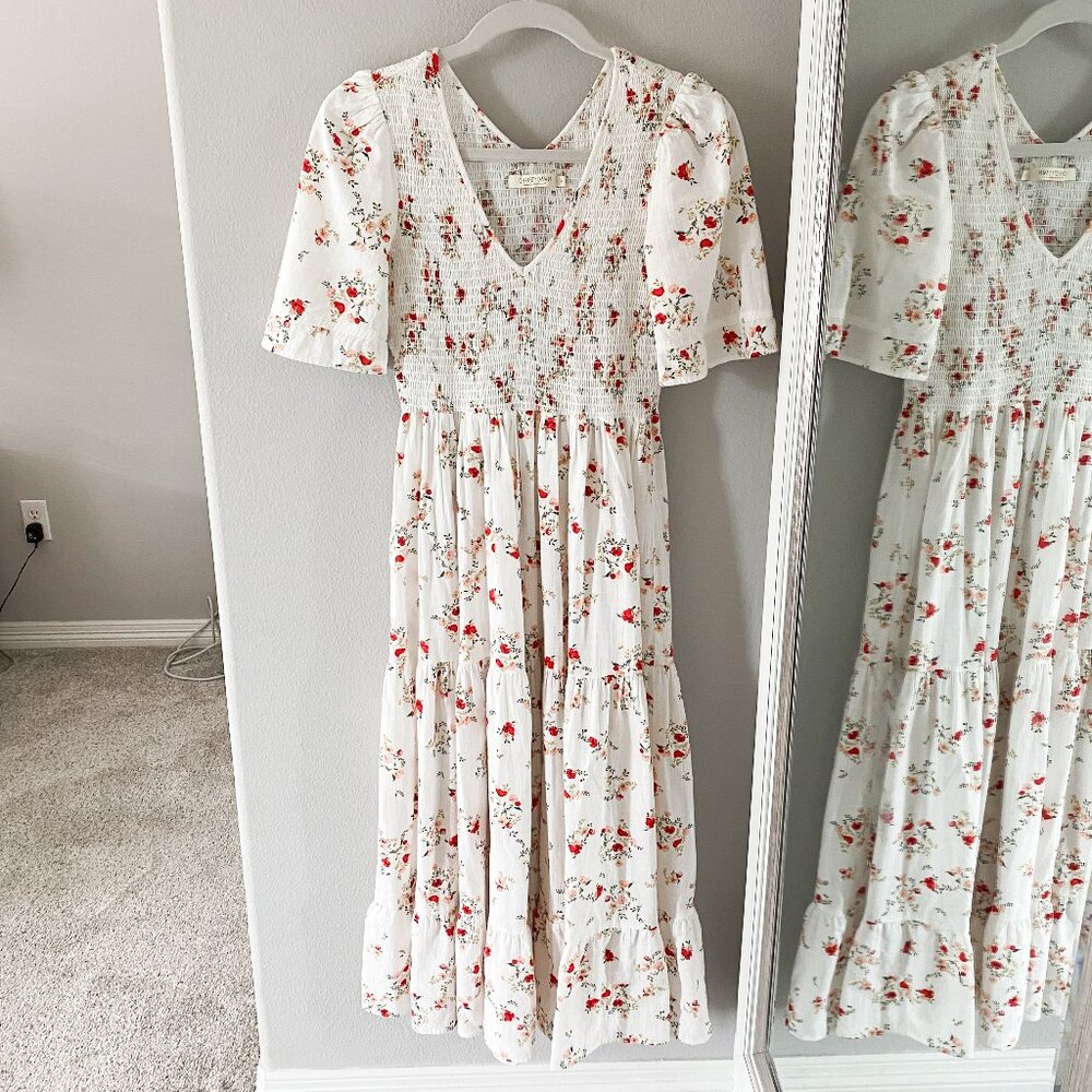 Christy Dawn White and Red Floral Midi Dress